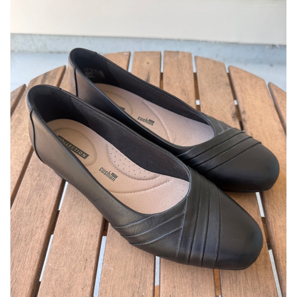 Clarks Collection Black Leather Low Block Heel Round Toe Comfort Shoes 6.5